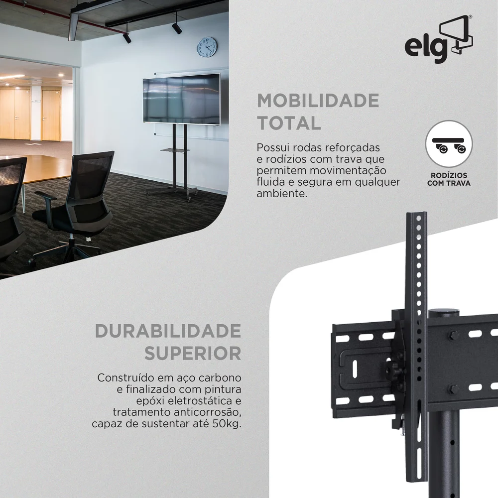 Imagem 3 de 5 do produto Suporte Pedestal Móvel Para Tv, 32" A 75", Suporte Até 50kg, Altura Ajustável, Inclinação, Rodízios, Preto, A06v6_s, Elg