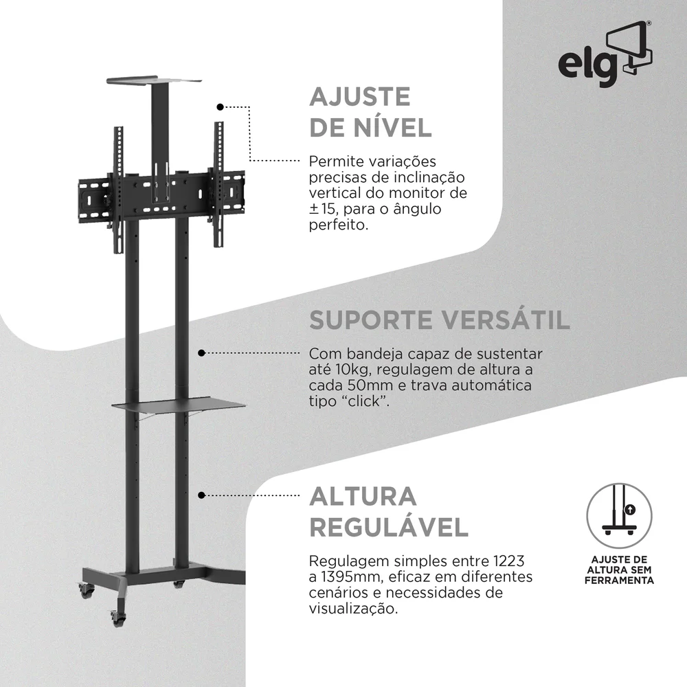 Imagem 5 de 5 do produto Suporte Pedestal Móvel Para Tv, 32" A 75", Suporte Até 50kg, Altura Ajustável, Inclinação, Rodízios, Preto, A06v6_s, Elg