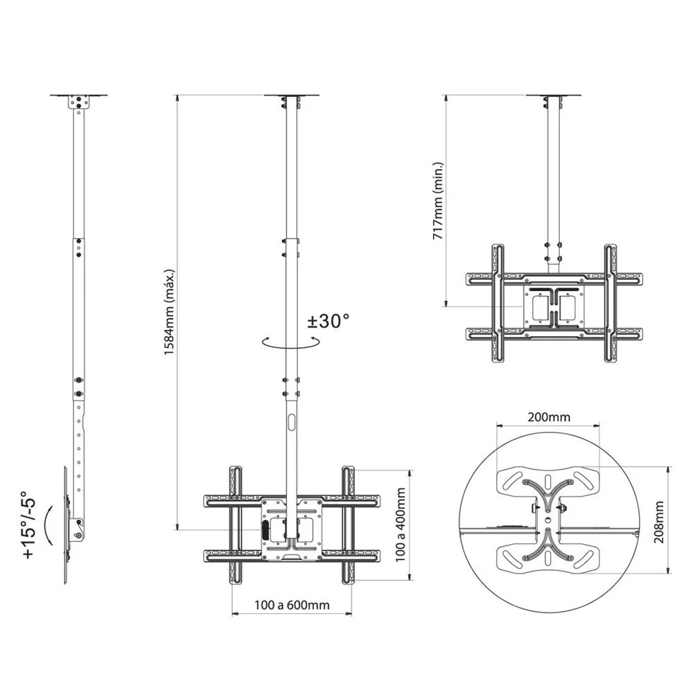 Imagem 4 de 5 do produto Suporte Giratório Inclinável De Teto Para Tv, 26" A 75", Suporte Até 68kg, Giro 30°, Ajuste De Altura, Preto, A05v6, Elg