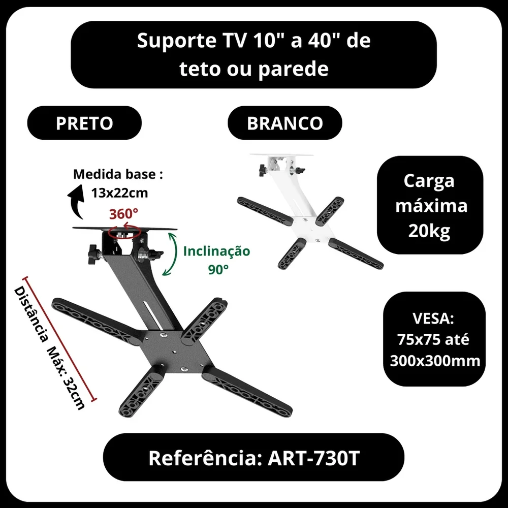 Imagem 2 de 5 do produto Suporte De Teto Para Tv  Avatron Art-730t-b 10 À 40 Pol Preto