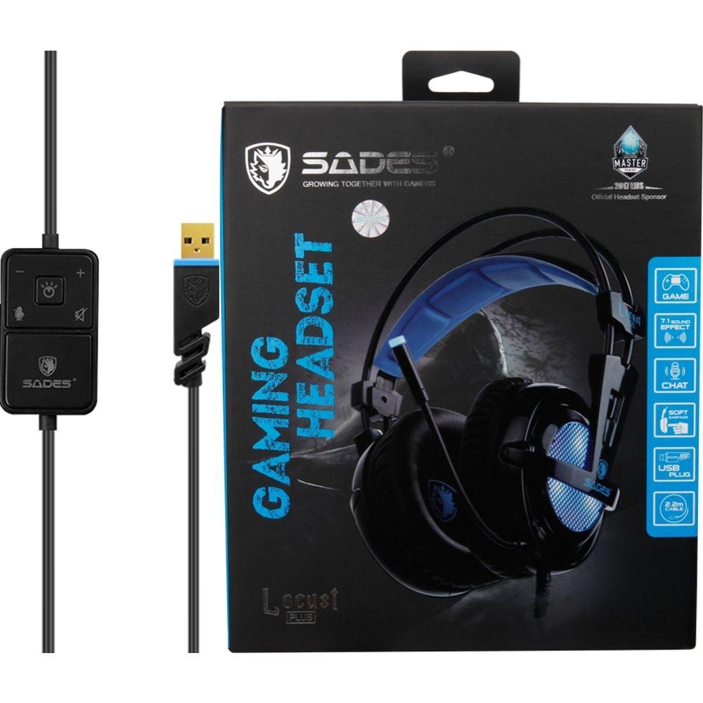 Headset Gamer Sades Locust Plus, RGB, 7.1, Som Surround, Driver CD, USB, Compatibilidade, PC, Laptop, PS4, Preto e Azul - Sa-904