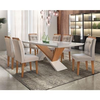 Sutileza é a palavra que define esse Sala de Jantar Yasmin com cadeiras Carol em imbuia/veludo creme e vidro serigrafado. Designer moderno e elegante,