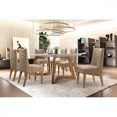 Sutileza é a palavra que define esse Sala de Jantar Safira com cadeiras em imbuia/veludo creme. Designer moderno e elegante, vai deixar sua sala de ja
