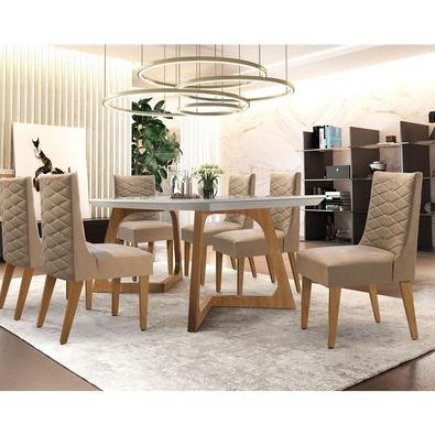 Sutileza é a palavra que define esse Sala de Jantar Safira com cadeiras em imbuia/veludo creme vidro serigrafado. Designer moderno e elegante, vai dei
