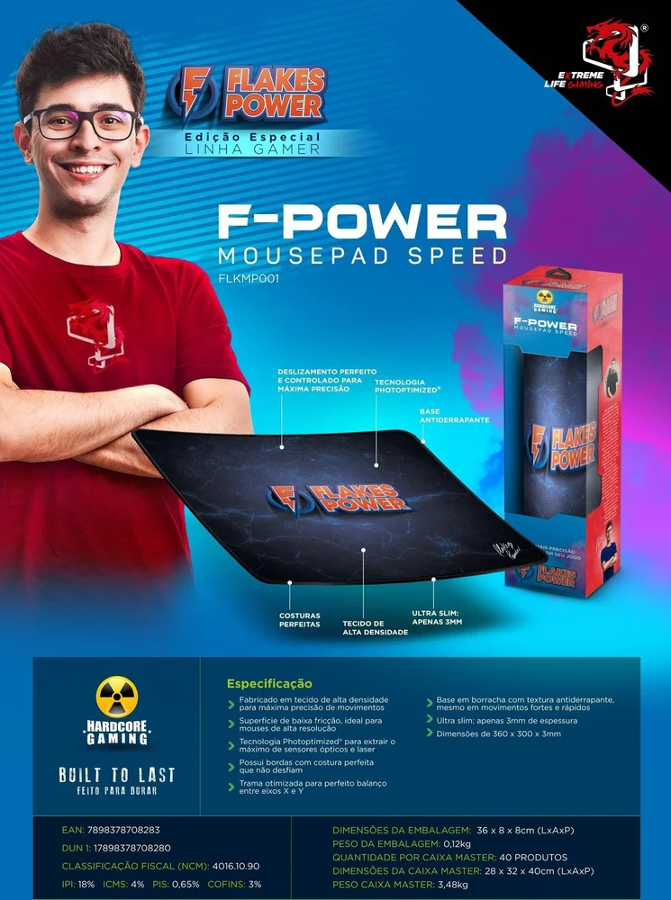 Imagem 5 de 5 do produto Mouse Pad Gamer Flakes Power Speed ELG, 36cm x 30cm - Flkmp001.