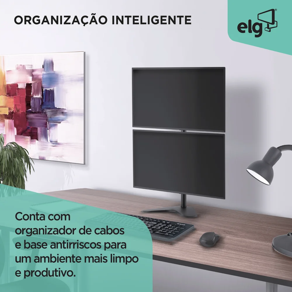 Imagem 2 de 5 do produto Suporte Ergonômico Articulado De Mesa, 2 Monitores 15" A 32", Ajuste De Altura, Preto, T80n2v, Elg