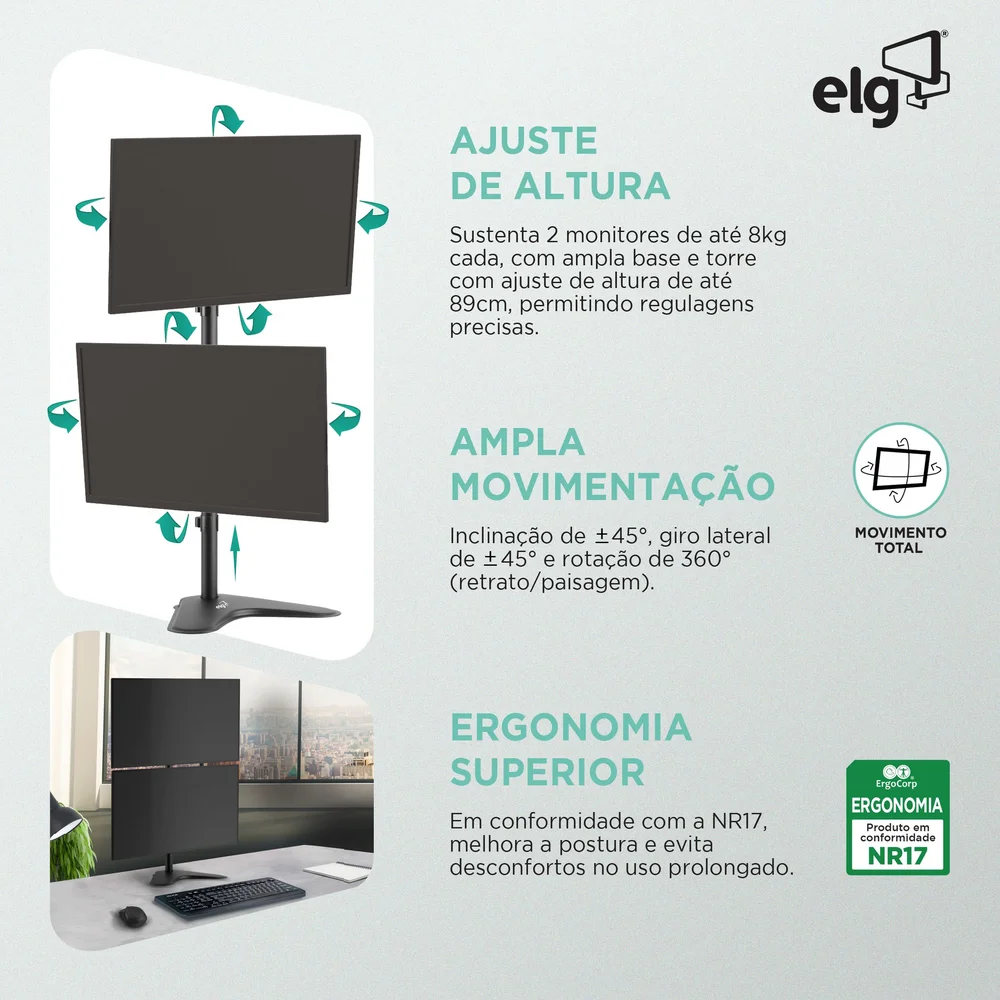 Imagem 3 de 5 do produto Suporte Ergonômico Articulado De Mesa, 2 Monitores 15" A 32", Ajuste De Altura, Preto, T80n2v, Elg