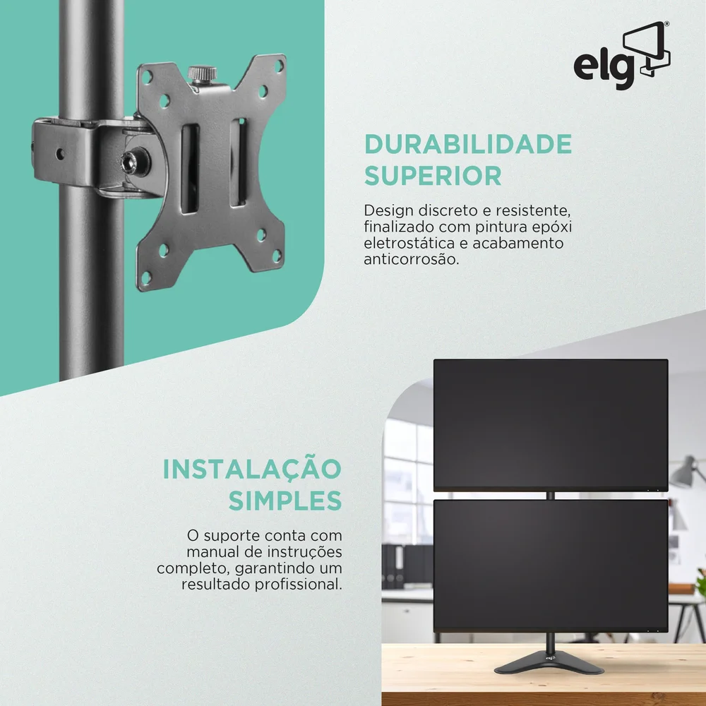 Imagem 4 de 5 do produto Suporte Ergonômico Articulado De Mesa, 2 Monitores 15" A 32", Ajuste De Altura, Preto, T80n2v, Elg