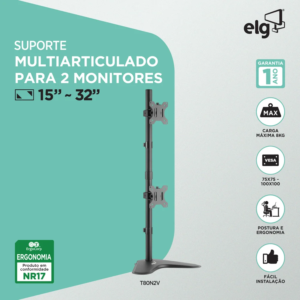 Imagem 5 de 5 do produto Suporte Ergonômico Articulado De Mesa, 2 Monitores 15" A 32", Ajuste De Altura, Preto, T80n2v, Elg