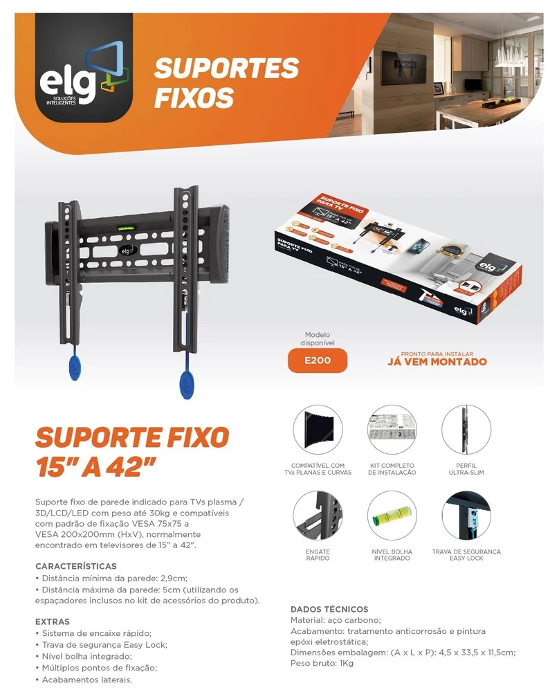 Imagem 2 de 3 do produto Suporte Fixo De Parede Para Tv, 15" A 55", Trava Automática, Suporte Até 30kg, Preto, E200, Elg