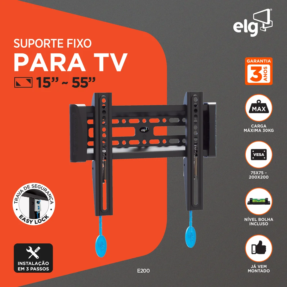 Imagem 3 de 3 do produto Suporte Fixo De Parede Para Tv, 15" A 55", Trava Automática, Suporte Até 30kg, Preto, E200, Elg