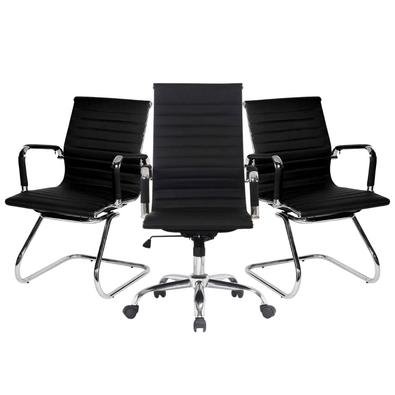 Conjunto com 1 Cadeira Presidente Giratória e 2 Cadeiras Executivas base fixa para Escritório Esteirinha Boston Preta As Cadeiras da linha Boston da B