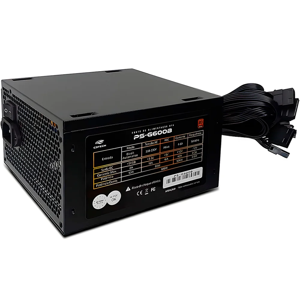 Imagem 2 de 5 do produto Fonte C3Tech Gamer ATX, 600W, 80 Plus Bronze, PFC Ativo, Bivolt Automático, PS-G600B