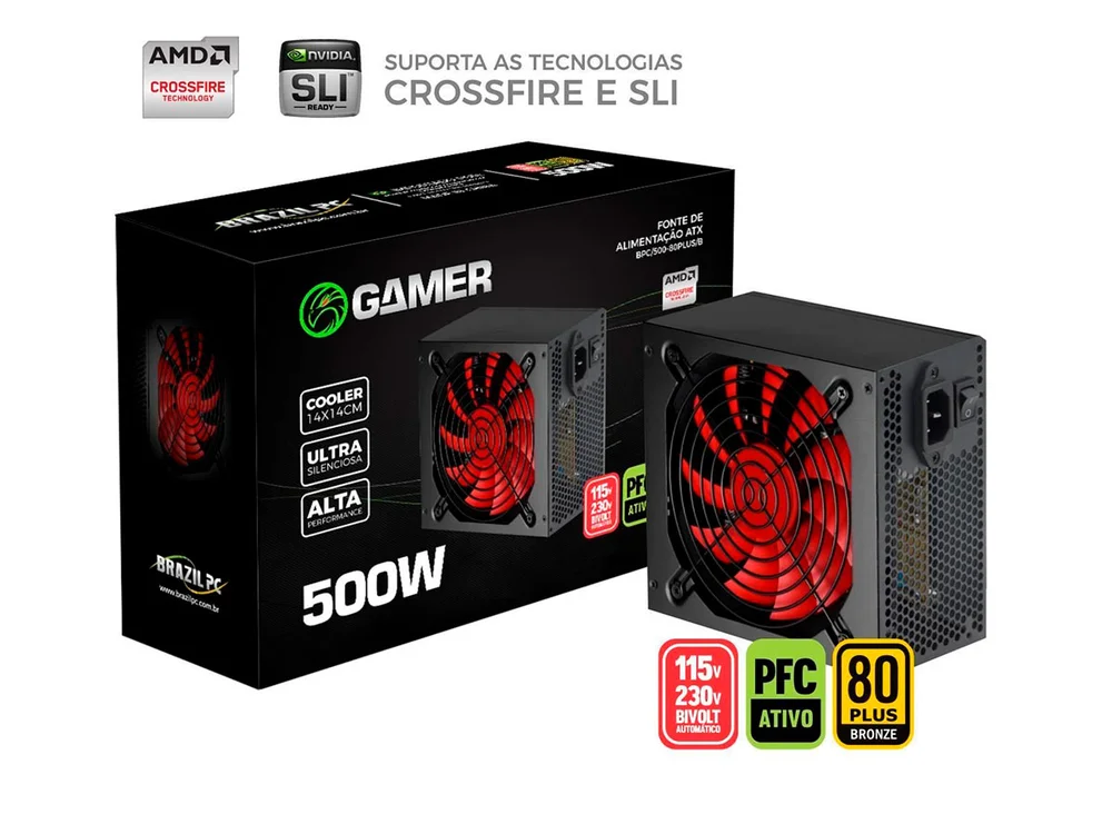 Imagem 5 de 5 do produto Fonte Brazil PC Gamer ATX, 500W, 80 Plus Bronze, PFC Ativo - BPC/500