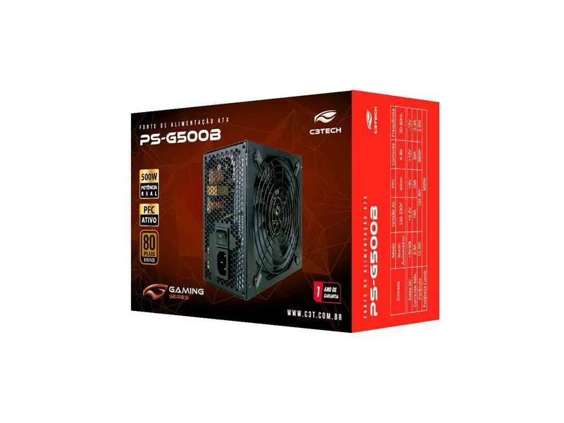 Fonte C3Tech, 500W, 80 Plus Bronze, Com PFC, PS-G500B Fonte C3Tech, 500W, 80 Plus Bronze, Com PFC, PS-G500B