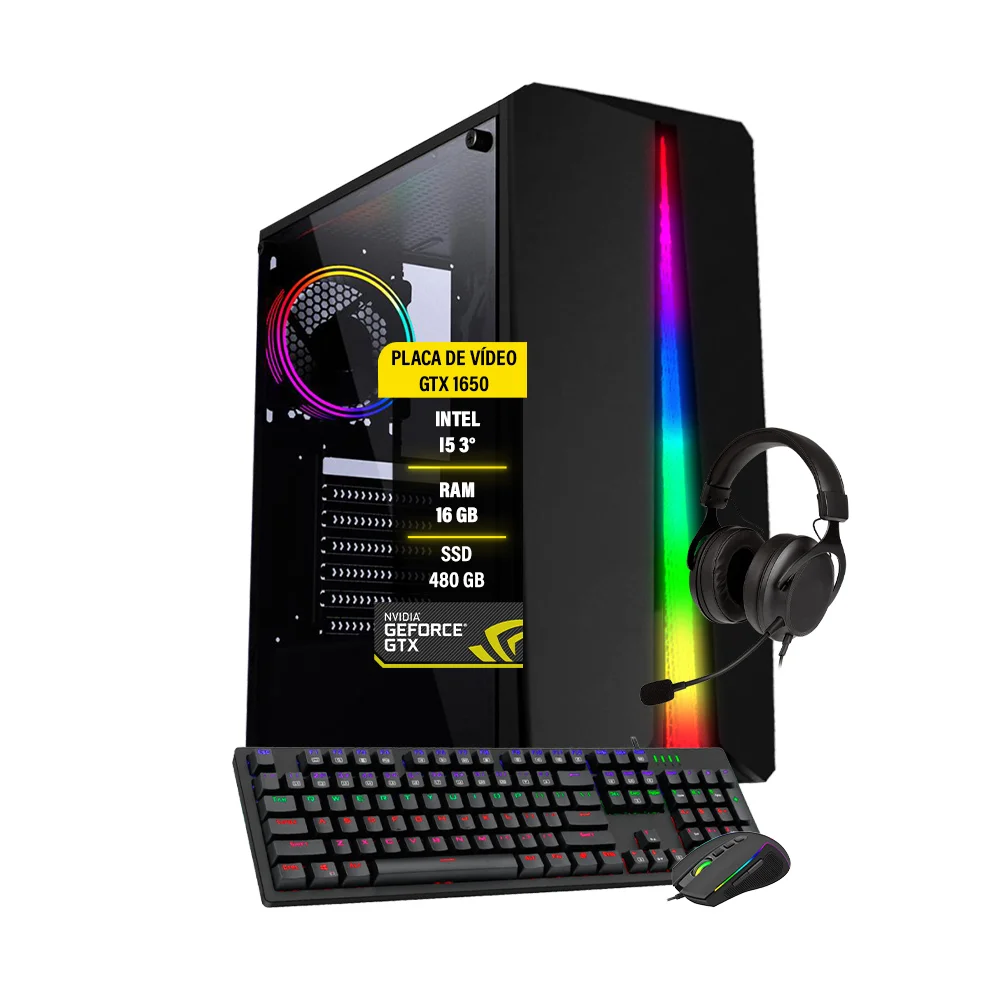 PC Gamer Completo I5, 16GB, GTX 1650, SSD 480GB, Fonte Real 750W + Teclado Mecânico, LED, USB + Mouse 3200DPI, USB + Headphone + Webcam