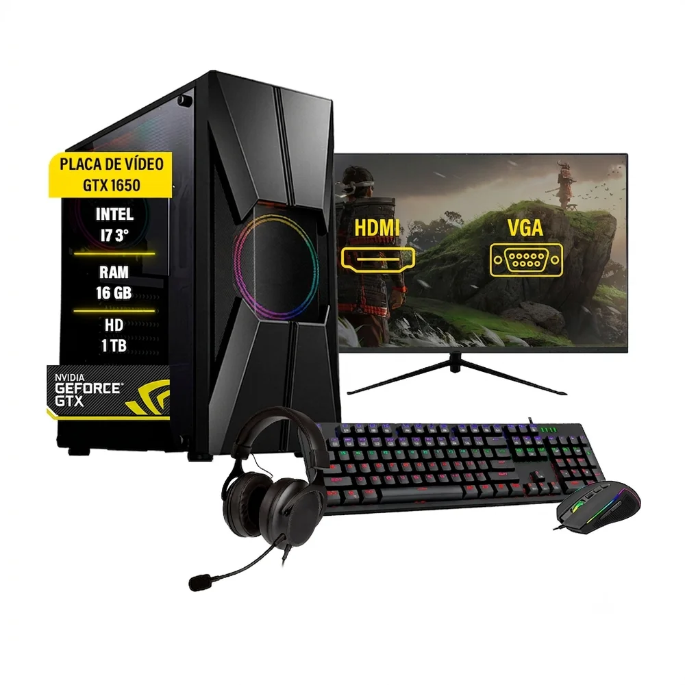PC Gamer I7, 16GB, SSD 120GB, GTX1050, HD 1TB, Monitor 27 Polegadas