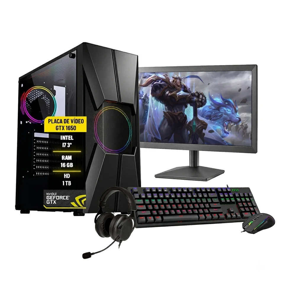 Pc Gamer Bravus Completo, Intel Core I7, 16GB, GTX 1050TI 4GB, HD 1TB + SSD 120GB, Windows 10 + Monitor 19 LED