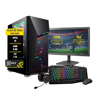 PC Gamer Completo, I5, 8GB, GTX 1050, SSD 240GB, HD 1TB, Fonte 750W + Monitor 19 + Teclado Mecânico + Mouse 3200DP + Headphone + Webcam