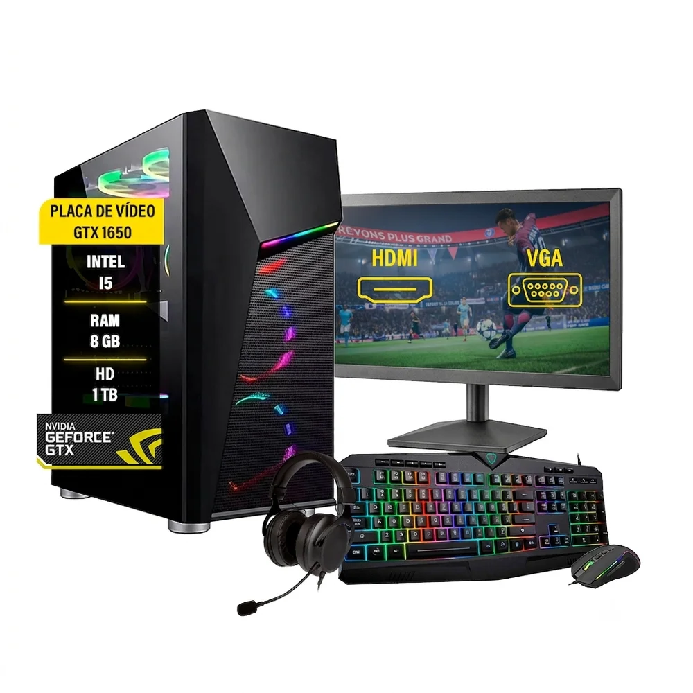 PC Gamer Completo, I5, 8GB, GTX 1050, SSD 240GB, HD 1TB, Fonte 750W + Monitor 19 + Teclado Mecânico + Mouse 3200DP + Headphone + Webcam