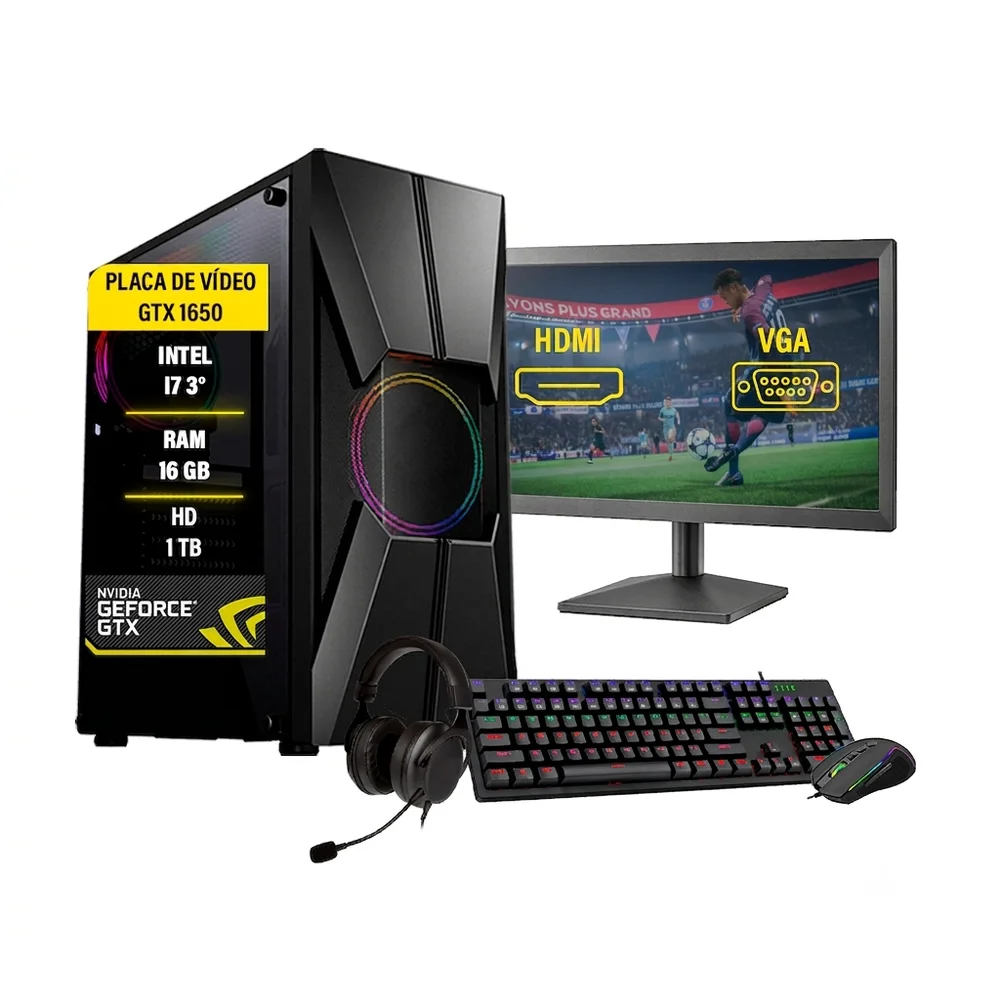 Computador Gamer Completo Intel Core I7, RAM 16GB,  1TB, SSD 120GB, GTX 1050, Windows 10