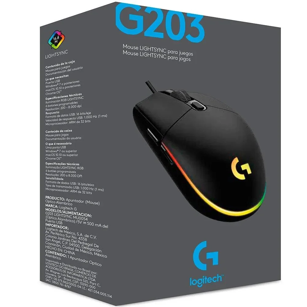 Imagem 4 de 5 do produto Mouse Logitech Gamer G203, Lightsync RGB, Com Fio, USB, 8000 DPI