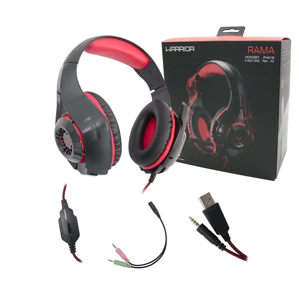 Headset Gamer Warrior Rama, P3+USB, Stereo Adaptador P2, LED Vermelho, P/ Xbox One, PS4 E PC - PH219