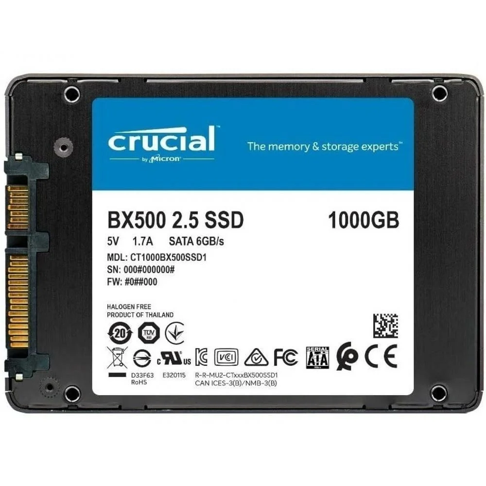 SSD Crucial Bx500 1TB, Sata 6GB/s 2.5, Leitura 540 MB/s, Escrita 500 MB/s, Preto - Ct1000bx500ssd1
