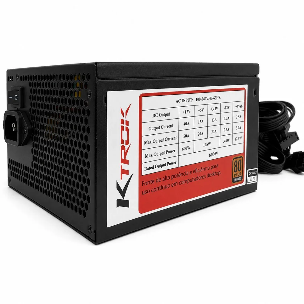 Fonte Ktrok, 600W, 80 Plus Bronze, PFC Ativo, 115V/230V