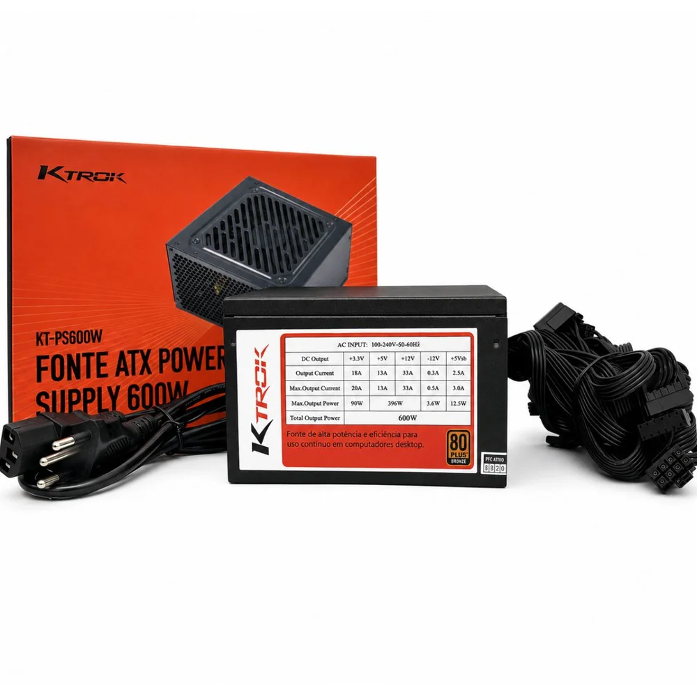 Imagem 2 de 5 do produto Fonte Ktrok, 600W, 80 Plus Bronze, PFC Ativo, 115V/230V