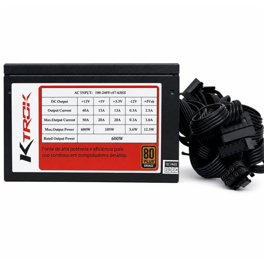 Imagem 5 de 5 do produto Fonte Ktrok, 600W, 80 Plus Bronze, PFC Ativo, 115V/230V