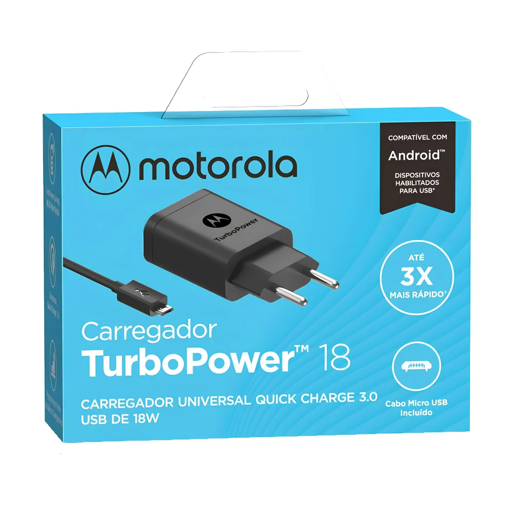 Carregador de Tomada com cabo micro USB, Motorola 1 Porta, Turbo Power, Preto - Sjsc57ws1 Carregador de Tomada com cabo micro USB, Motorola 1 Porta, Turbo Power, Preto - Sjsc57ws1