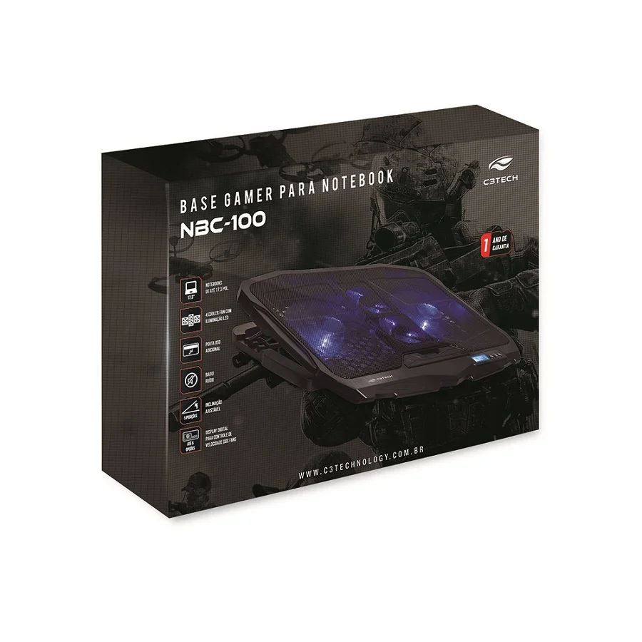 Imagem 2 de 5 do produto Suporte Gamer para Notebook até 17.3, C3tech, 4 Micro Ventiladores com Led Azul, Preto,  NBC-100BK