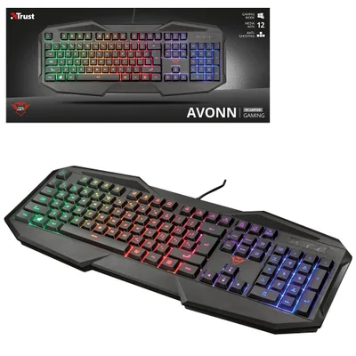 Teclado Gamer Trust Avonn GTX 830-W LED Rainbown USB Anti-Ghosting Preto 12 Teclas Multimidia 21621