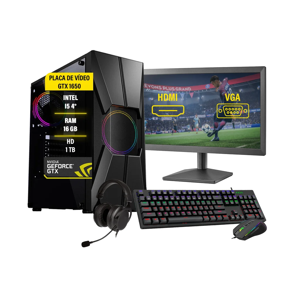 PC Gamer Completo I5, SSD 240, HD 1TB, 16GB, GTX 1650, Fonte 750W