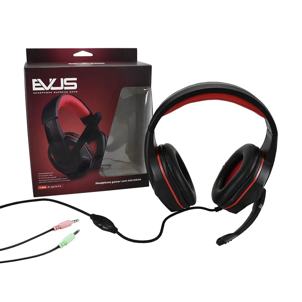 Imagem 4 de 5 do produto Fone De Ouvido Evus Pc Gamer F-02 2, Com Micforone, Conectores P2 3.5mm, Preto/ Vermelho