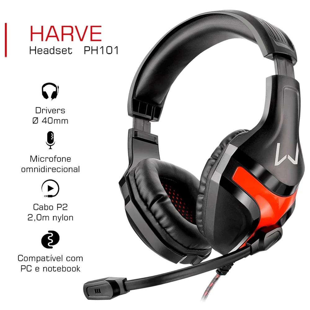 Imagem 5 de 5 do produto Headset Gamer Multi Warrior Ph101, 2.0 Canais, P2, Super Bass, Preto E Vermelho