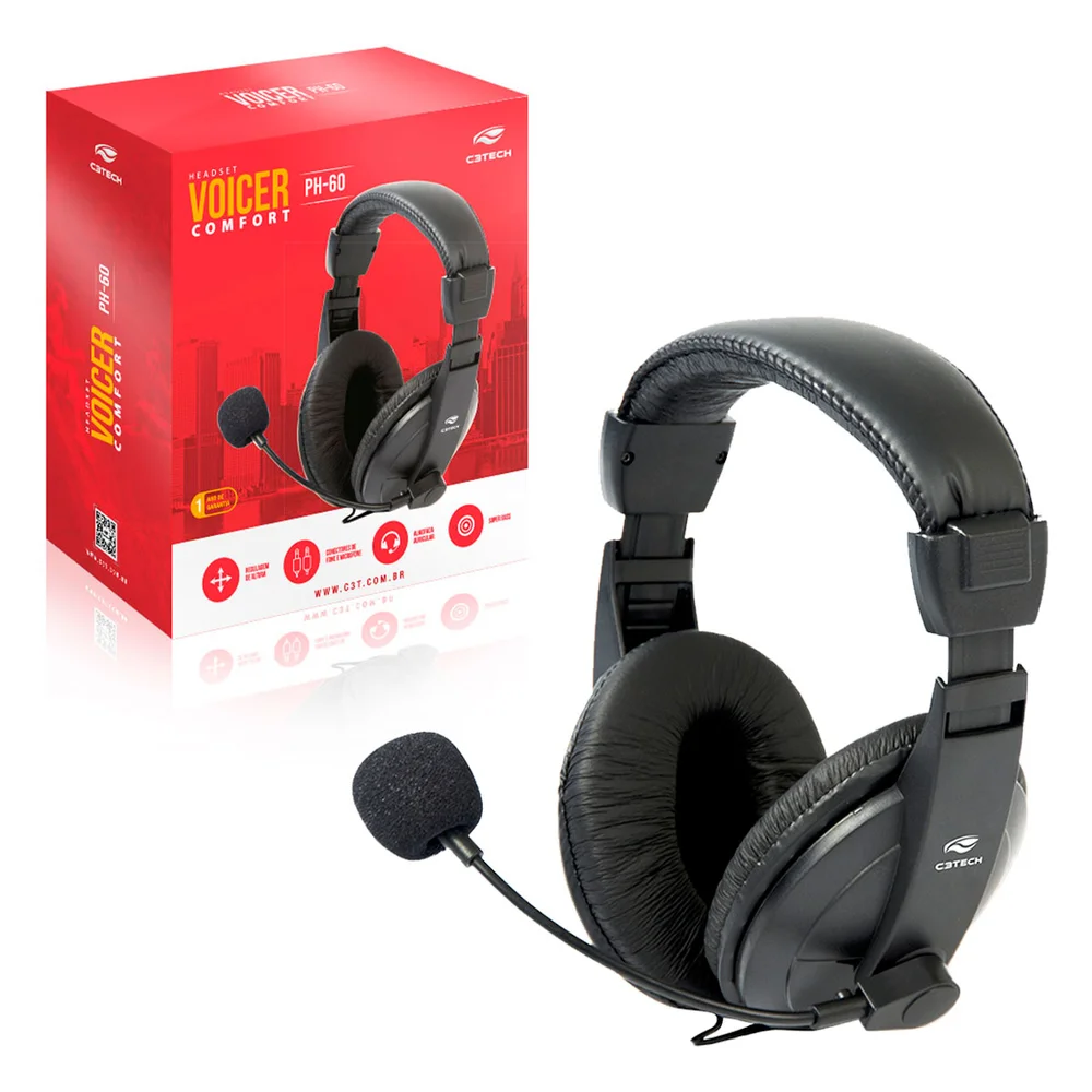 Imagem 2 de 5 do produto Headset C3Tech Voicer Comfort, Microfone Flexível, Volume Integrado, P2, Preto - PH-60BK