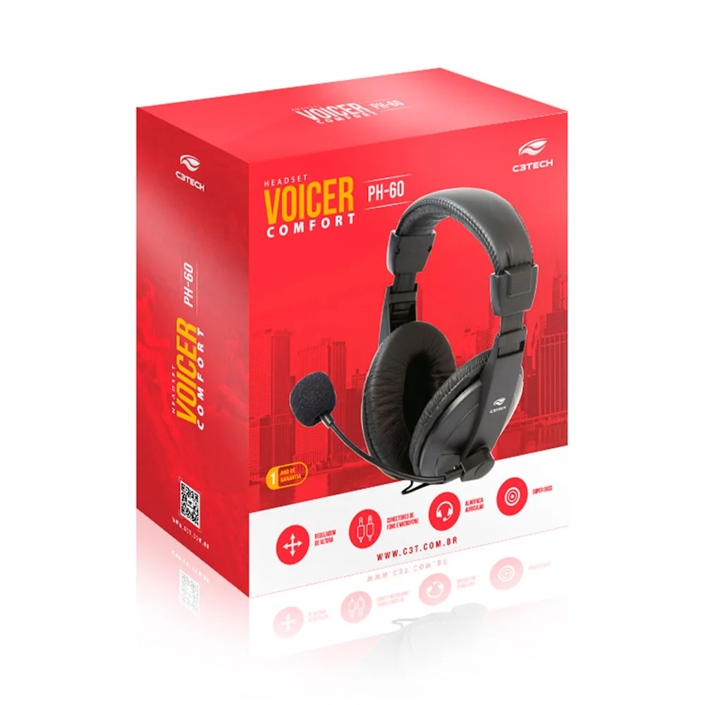 Imagem 4 de 5 do produto Headset C3Tech Voicer Comfort, Microfone Flexível, Volume Integrado, P2, Preto - PH-60BK