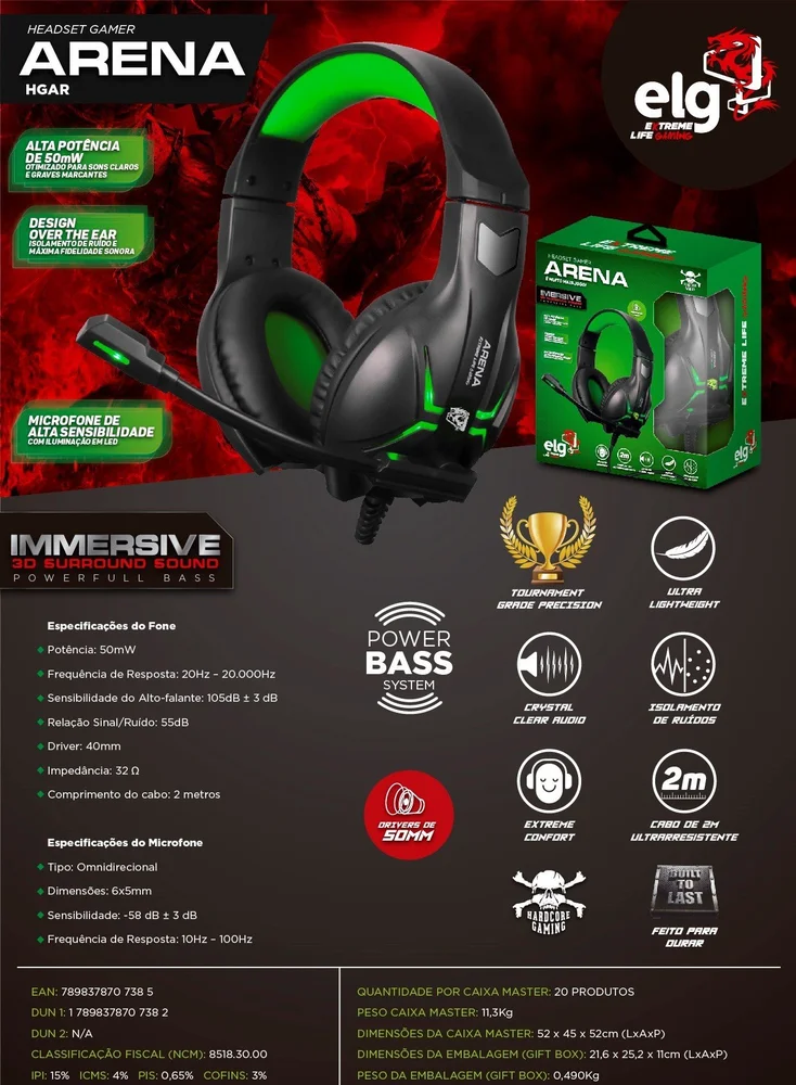 Headset Gamer Arena Com Microfone Preto E Verde Hgar Elg Headset Gamer Arena Com Microfone Preto E Verde Hgar Elg