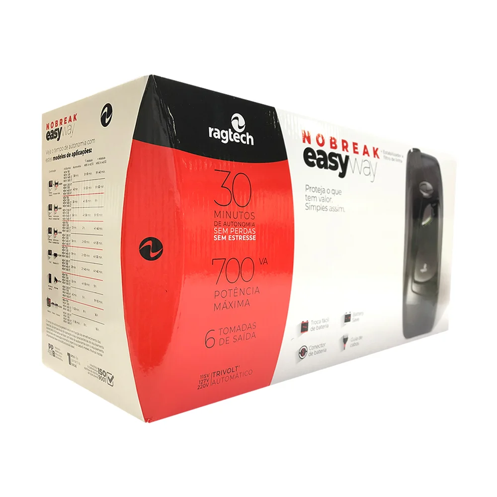 Imagem 3 de 5 do produto Nobreak 700va Ragtech Easy Way Cb-ti, Entrada Trivolt, Saída 115v, 6 Tomadas, Preto - 20new4139