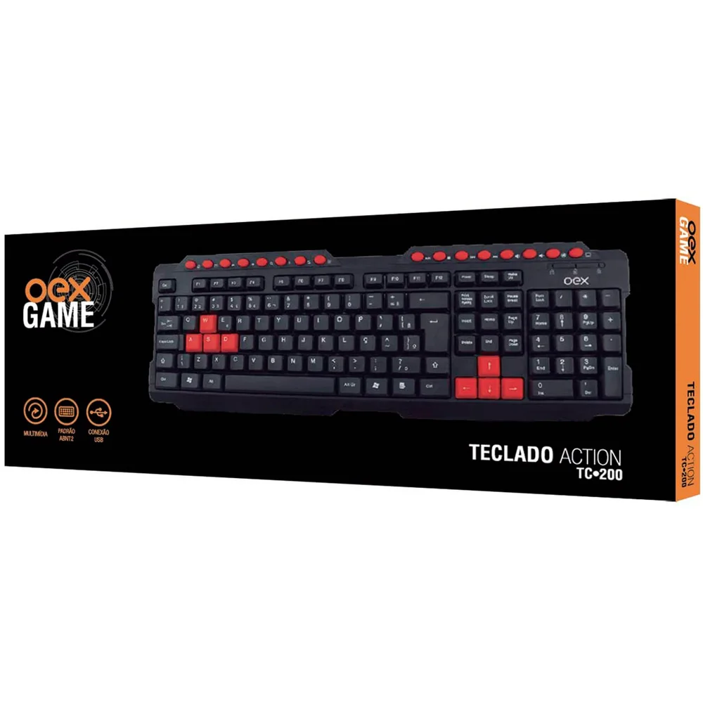 Teclado OEX Action TC200, USB, ABNT2, Preto E Vermelho Teclado OEX Action TC200, USB, ABNT2, Preto E Vermelho