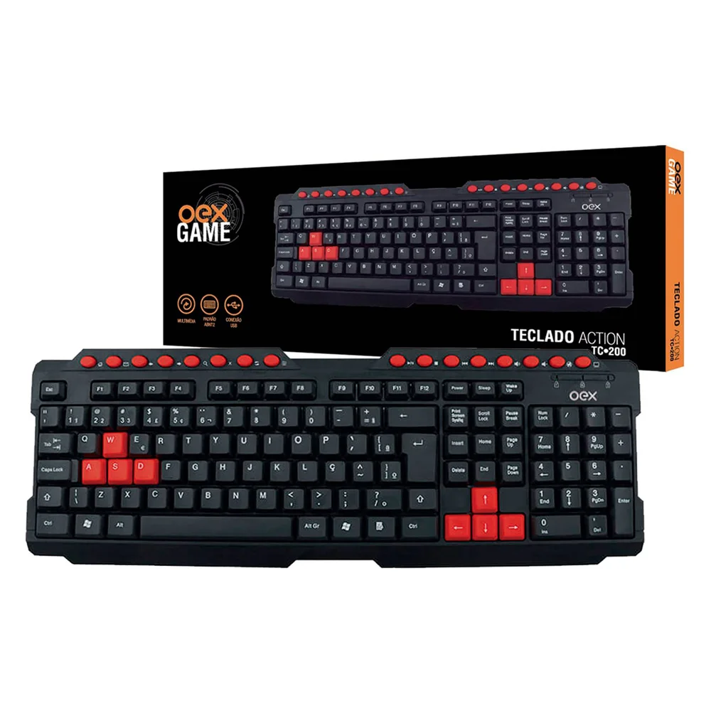 Teclado OEX Action TC200, USB, ABNT2, Preto E Vermelho Teclado OEX Action TC200, USB, ABNT2, Preto E Vermelho