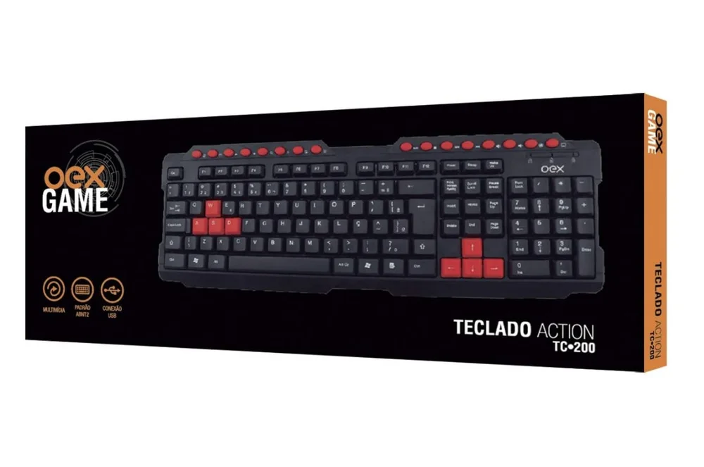Teclado OEX Action TC200 USB ABNT2 PretoVermelho