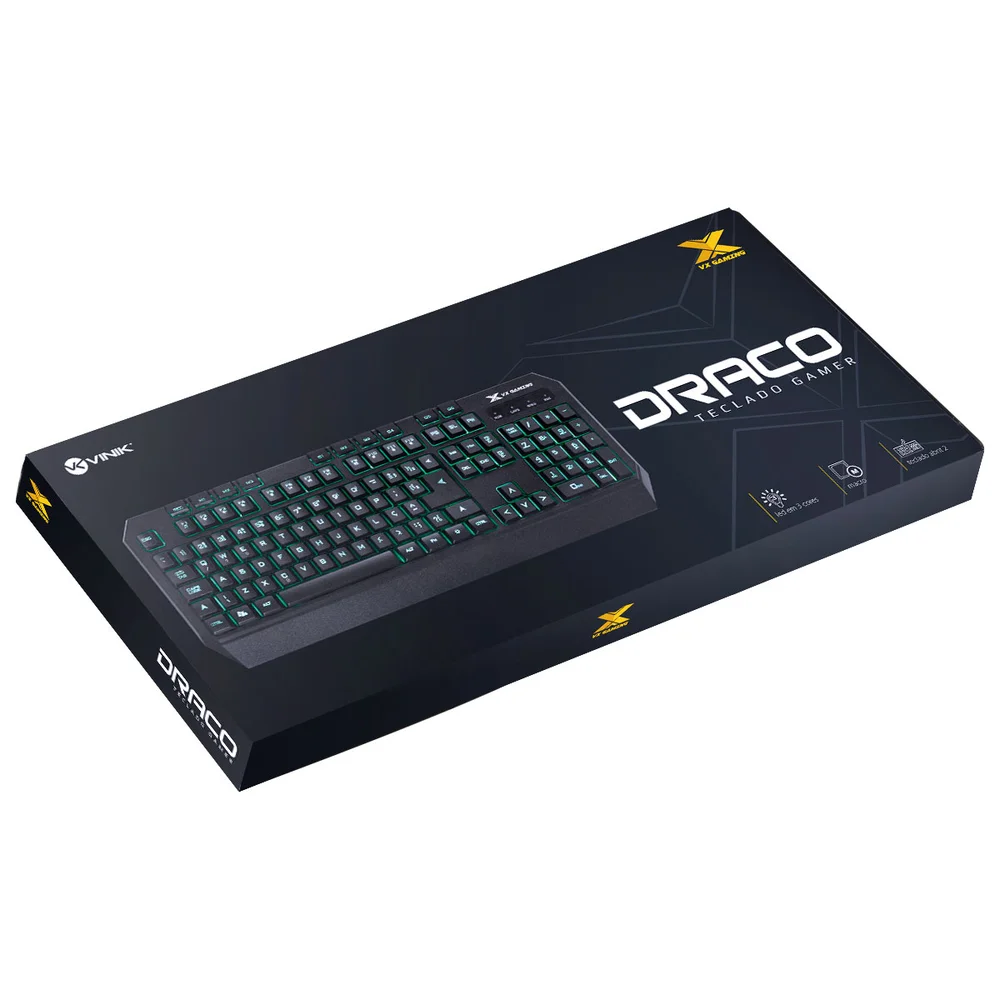 Teclado USB Gamer VX Gaming Draco, Com Macros, Multimídia, LED 3 Cores, Cabo 1.8 Mts, ABNT2, Preto - GT400 Teclado USB Gamer VX Gaming Draco, Com Macros, Multimídia, LED 3 Cores, Cabo 1.8 Mts, ABNT2, Preto - GT400