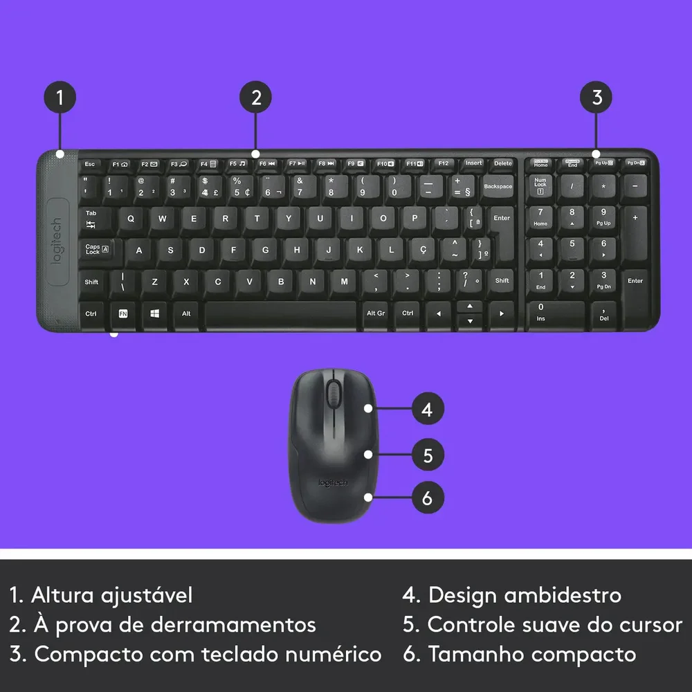 Imagem 4 de 5 do produto Kit Teclado E Mouse Logitech Mk220, Sem Fio, ABNT2, Preto - 920-004431-C