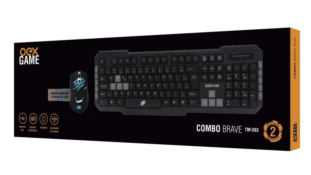 Imagem 3 de 4 do produto Kit Gamer Oex Brave, com Mouse LED, 6 botões, 3200DPI, + Teclado USB, ABNT2, 10 Teclas Multimídia, Preto - TM303