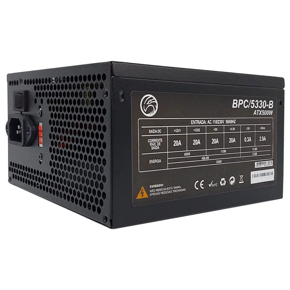 Imagem 2 de 5 do produto Fonte 500w, Brazil PC, Bivolt Manual, 24 Pinos, C/ Cabo -  Bpc/5330-b