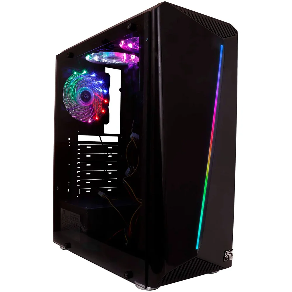Gabinete Gamer Oex Gh200 Game Shelter, Preto, Mid Tower, RGB, Com Fan, Lateral Em Vidro