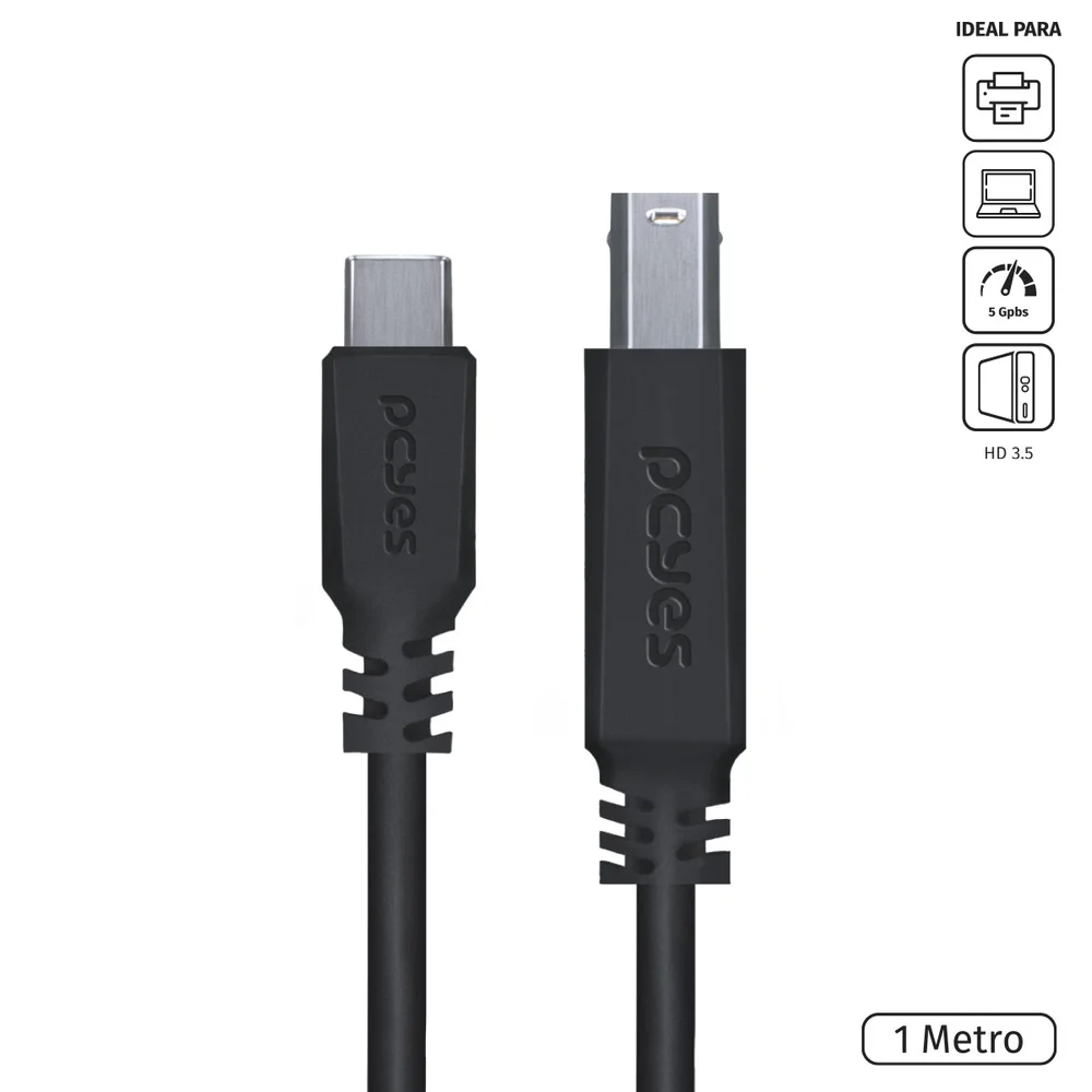 Imagem 3 de 5 do produto Cabo USB Tipo C Para USB B 3.0, PCYES Para Impressora, 1M - P3ucbp-1